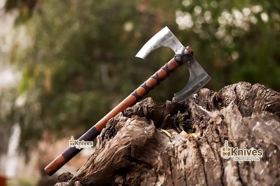 Smith Viking Axe Forged Carbon Steel Axe with Rosewood Handle & Brown Leather Wraping by HMKnives-1