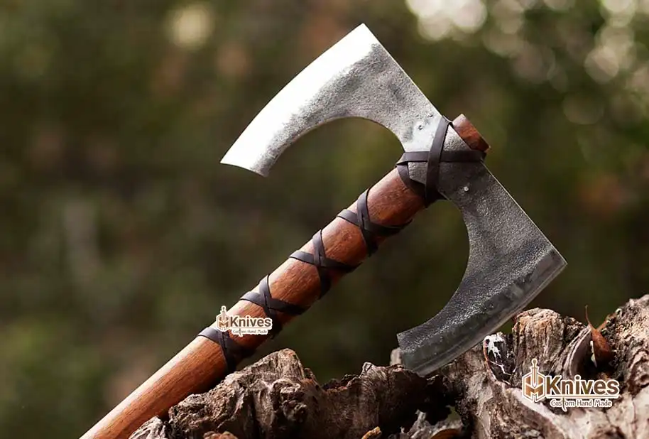 Smith Viking Axe Forged Carbon Steel Axe with Rosewood Handle & Brown Leather Wraping by HMKnives-4