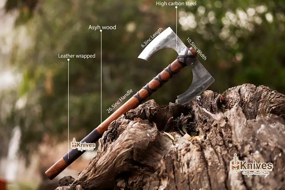 Smith Viking Axe Forged Carbon Steel Axe with Rosewood Handle & Brown Leather Wraping by HMKnives