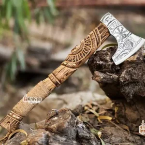 Viking Axe Forged Carbon Steel Axe with Engraved Ashwood Handle & Rope Wrapping by HMKnives (1)