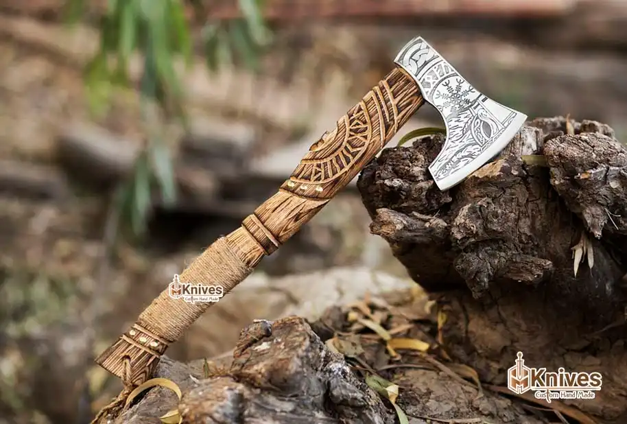 Viking Axe Forged Carbon Steel Axe with Engraved Ashwood Handle & Rope Wrapping by HMKnives (1)