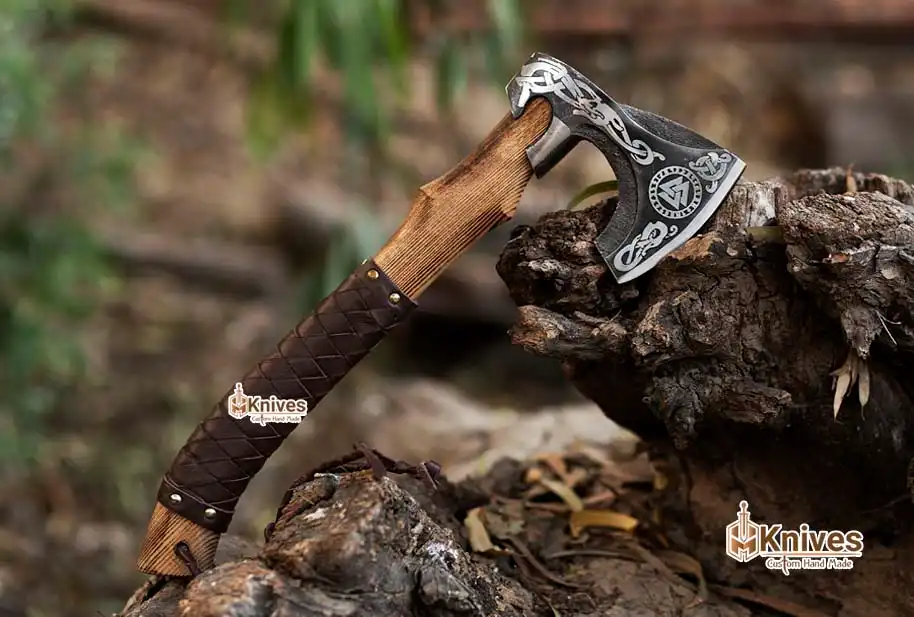 Viking Axe Forged Carbon Steel Axe with Textured Rosewood Handle & Brown Leather Wraping by HMKnives-2