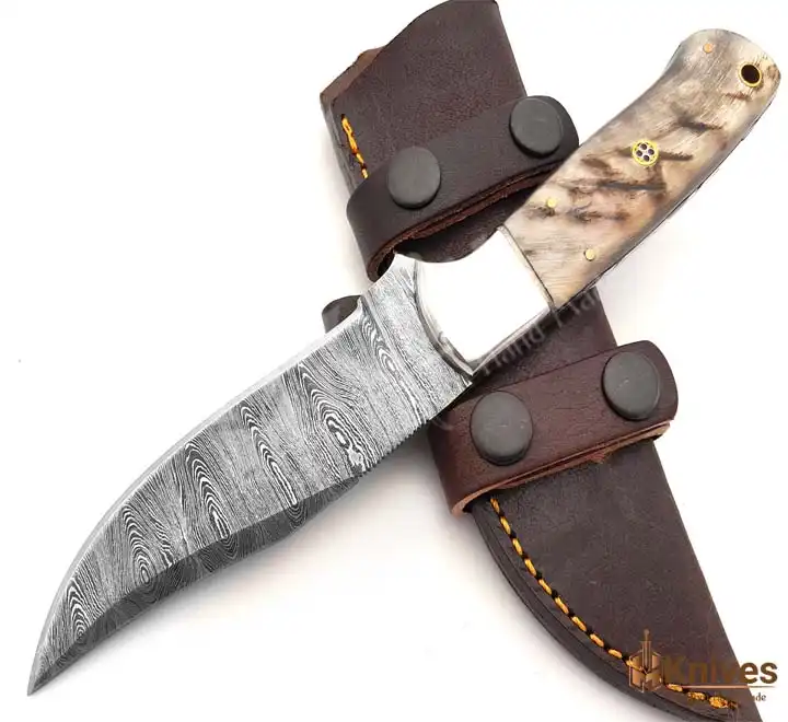 9 Inch Damascus Skinner Knife with Sheep Horn Handle-1