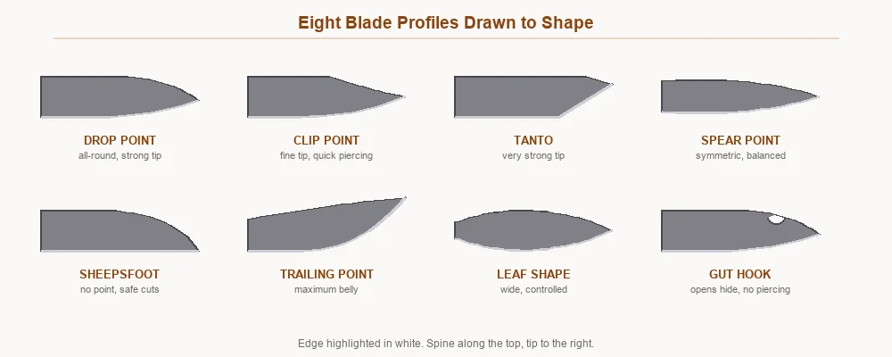 Eight knife blade profiles drawn to shape: drop point, clip point, tanto, spear point, sheepsfoot, trailing point, leaf shape and gut hook