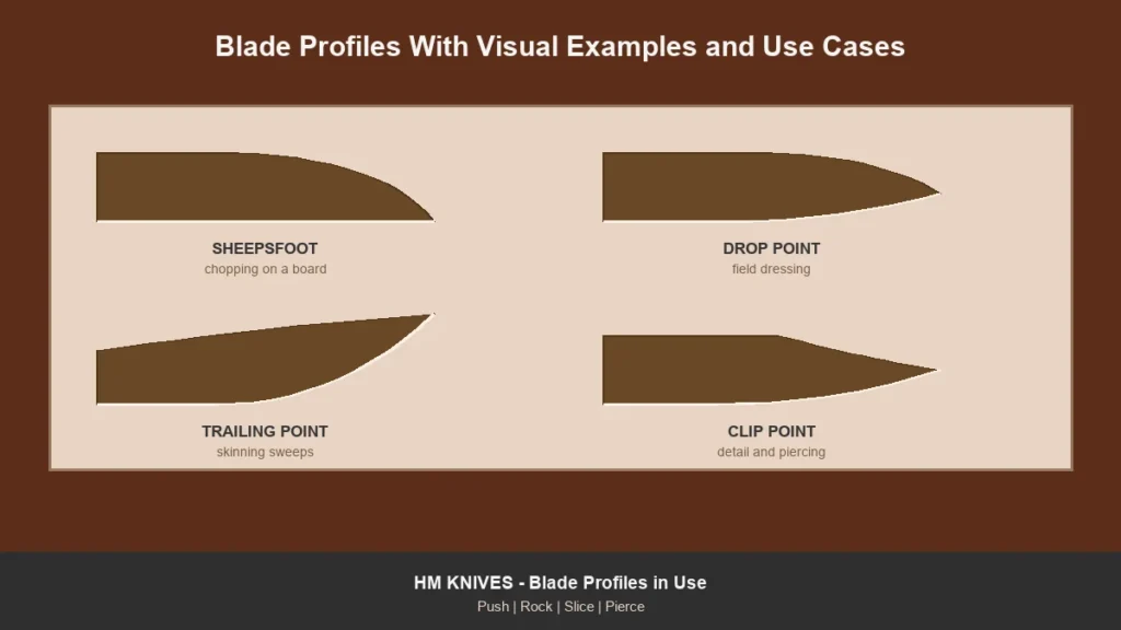 Sheepsfoot, drop point, trailing point and clip point blades each labelled with the task they suit