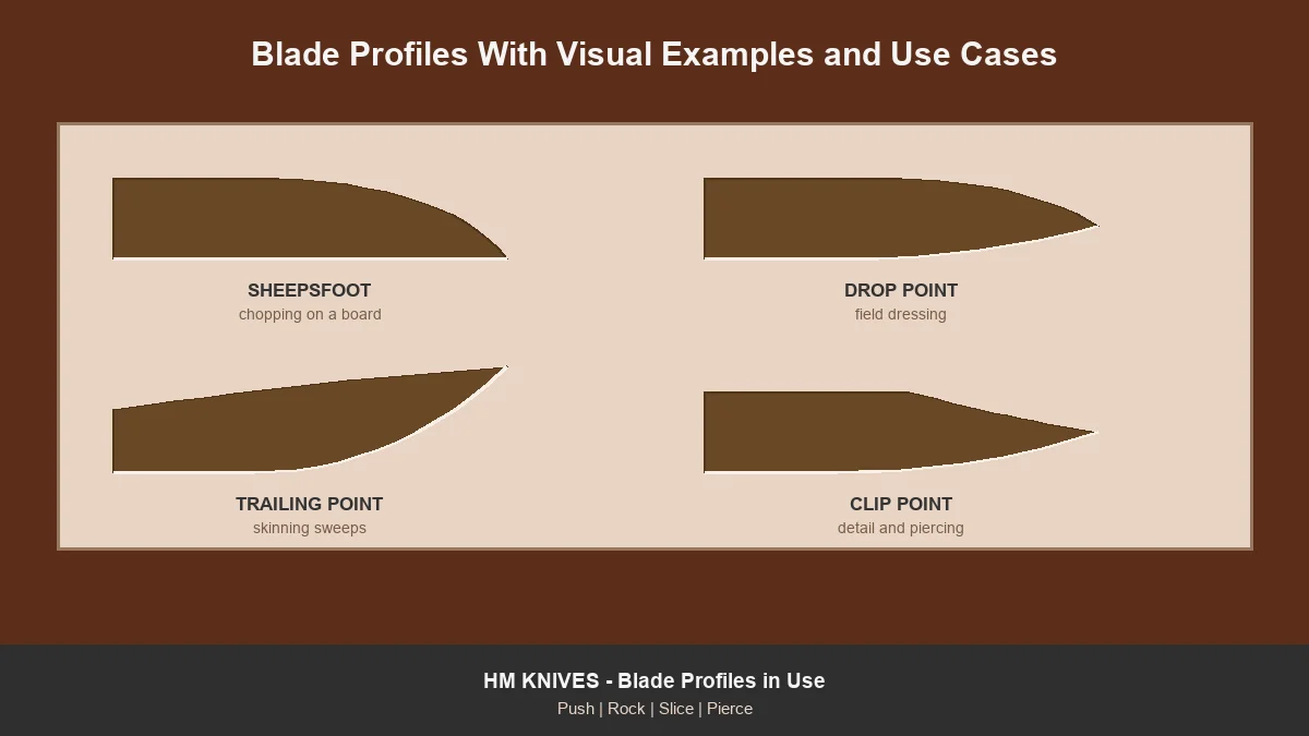 Sheepsfoot, drop point, trailing point and clip point blades each labelled with the task they suit