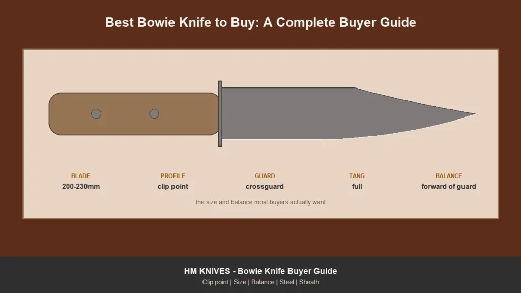 Bowie knife with specifications: 200-230mm clip point blade, crossguard, full tang, forward balance