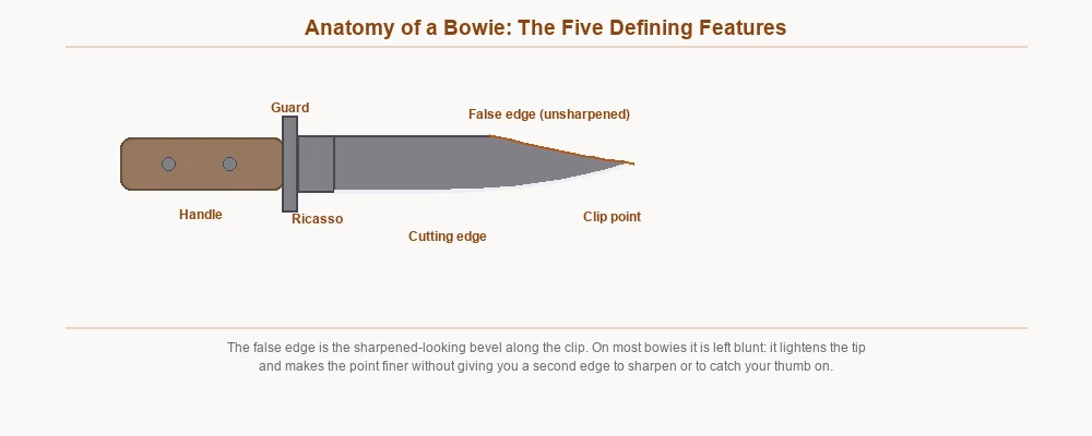 Labelled bowie knife showing handle, guard, ricasso, clip point, false edge and cutting edge