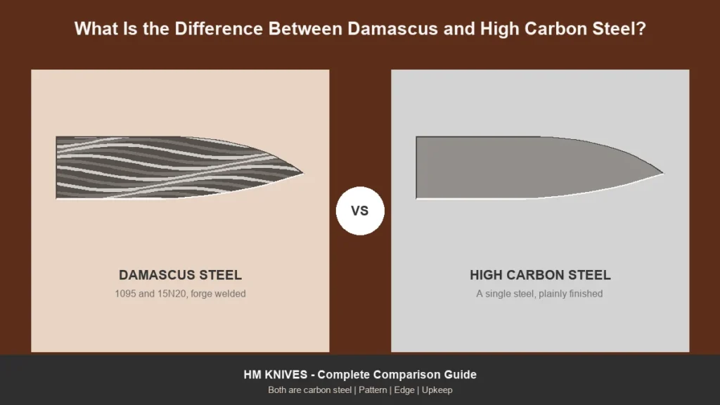 Damascus blade showing its layered pattern beside a plain high carbon steel blade