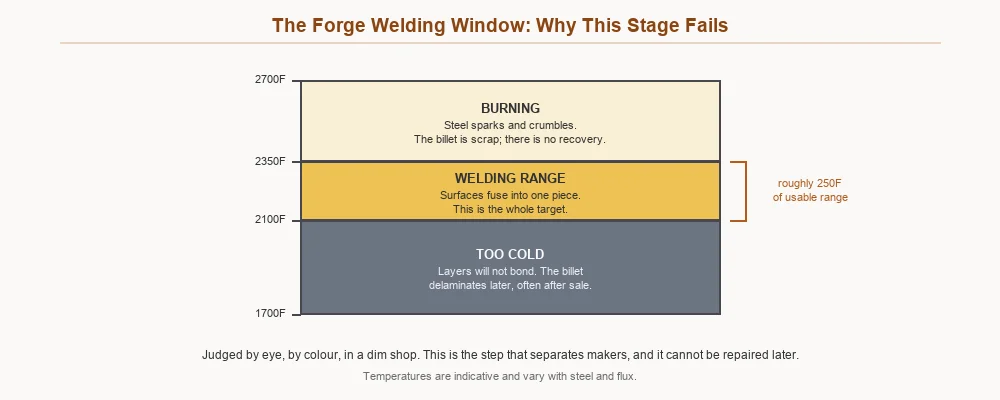 Diagram showing the narrow temperature band between too cold to weld and hot enough to burn the steel