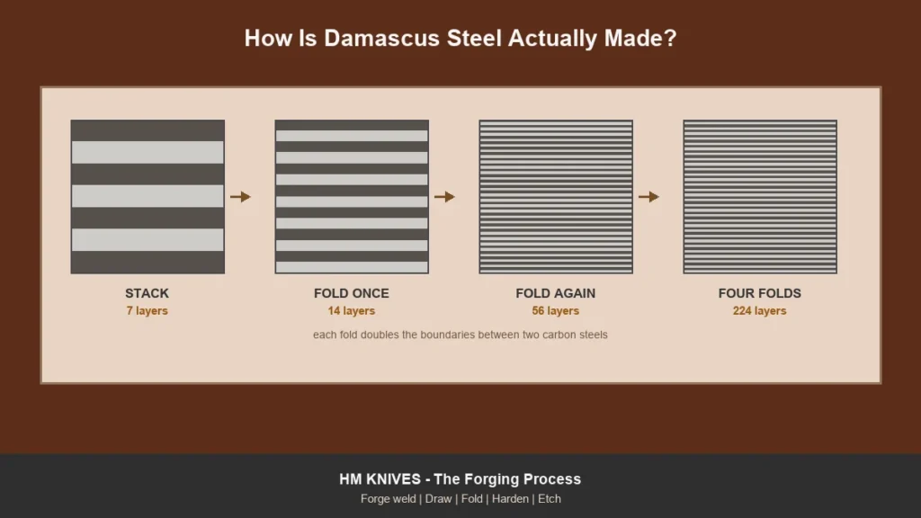 Four Damascus billets showing layer count doubling from 7 to 224 through repeated folding