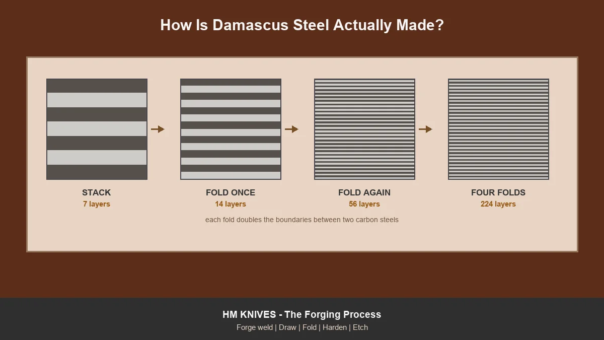 Four Damascus billets showing layer count doubling from 7 to 224 through repeated folding