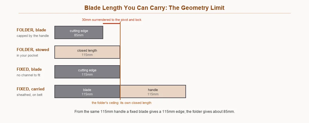 Diagram showing that a folding knife blade must be shorter than its handle while a fixed blade is unconstrained