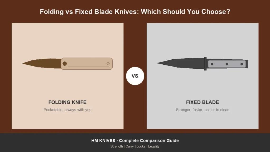 Folding knife and fixed blade knife shown side by side for comparison