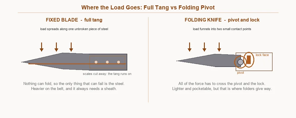 Diagram comparing how cutting force travels through a full tang fixed blade versus a folding knife pivot and lock