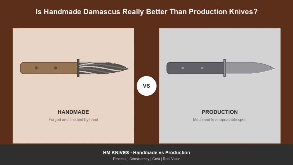 A hand-forged Damascus knife beside a machine-made production knife