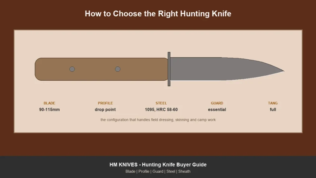 Hunting knife with specifications: 90-115mm drop point, 1095 at HRC 58-60, finger guard, full tang