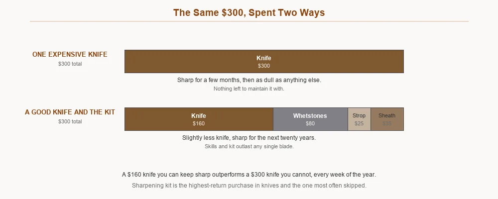 Comparison of a $300 budget spent on one expensive knife versus a good knife plus sharpening stones, strop and sheath