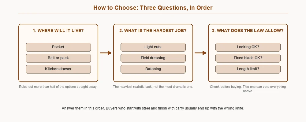 Decision diagram showing three questions in order: where the knife will live, the hardest job it must do, and what the law allows