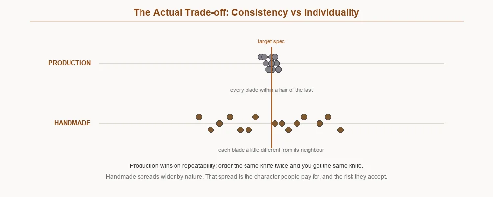 Chart showing production knives clustering tightly around specification while handmade knives spread more widely