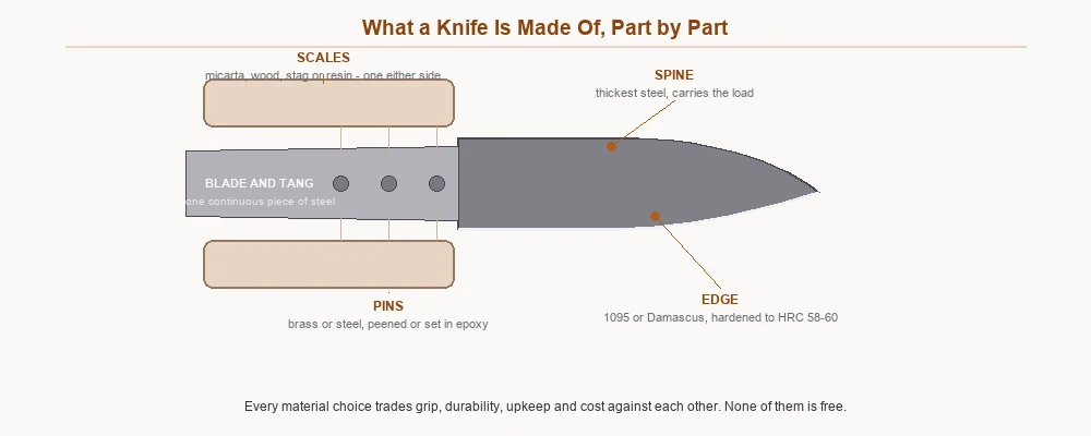 Exploded view of a knife showing blade and tang, handle scales, pins, spine and edge with the materials used for each
