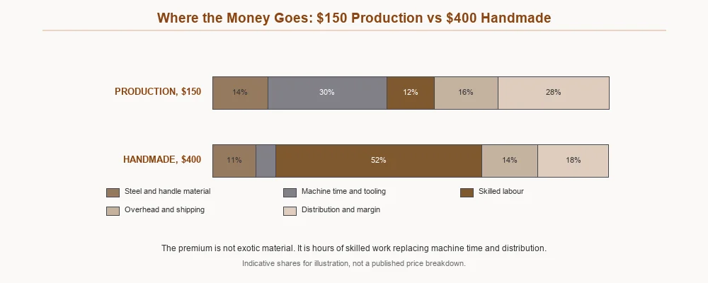 Stacked bar chart comparing how cost is distributed between material, machine time, skilled labour, overhead and margin for production and handmade knives