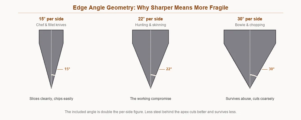 Blade cross-sections at 15, 22 and 30 degrees per side showing how the volume of steel behind the edge changes