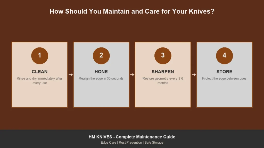 Knife maintenance and care process: clean, hone, sharpen and store