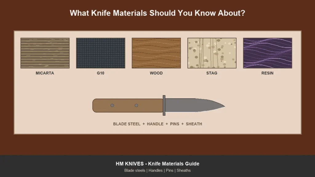 Handle material swatches for micarta, G10, wood, stag and resin above a knife showing blade, handle and pins
