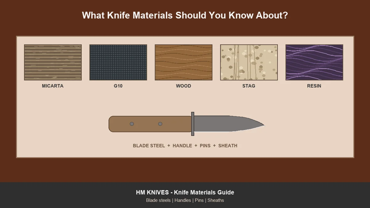 Handle material swatches for micarta, G10, wood, stag and resin above a knife showing blade, handle, pins and fittings