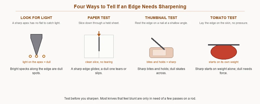 Four tests for a dull edge: looking for light on the apex, the paper slice test, the thumbnail test and the tomato test
