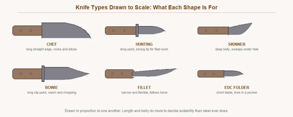 Six knife types drawn in proportion to one another: chef, hunting, skinner, bowie, fillet and EDC folder