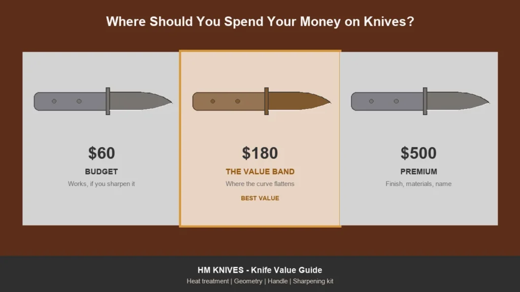 Three knives at 60, 180 and 500 dollars with the middle tier highlighted as best value