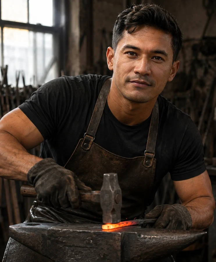 Philip Thapa, founder of HM Knives, working at the forge