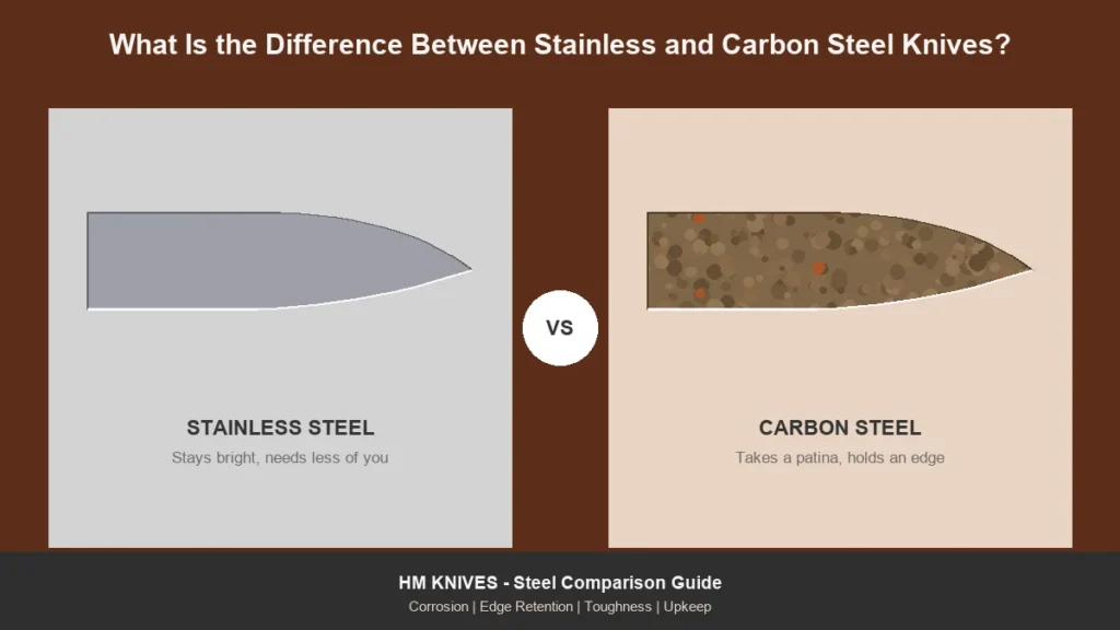 Bright stainless steel blade beside a carbon steel blade showing patina and rust freckles