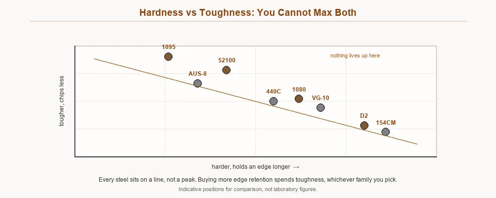 Scatter chart plotting common knife steels against edge retention and toughness, showing the trade-off between them