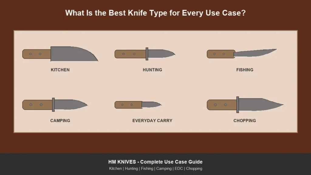 Six knife types drawn to scale: kitchen, hunting, fishing, camping, everyday carry and chopping