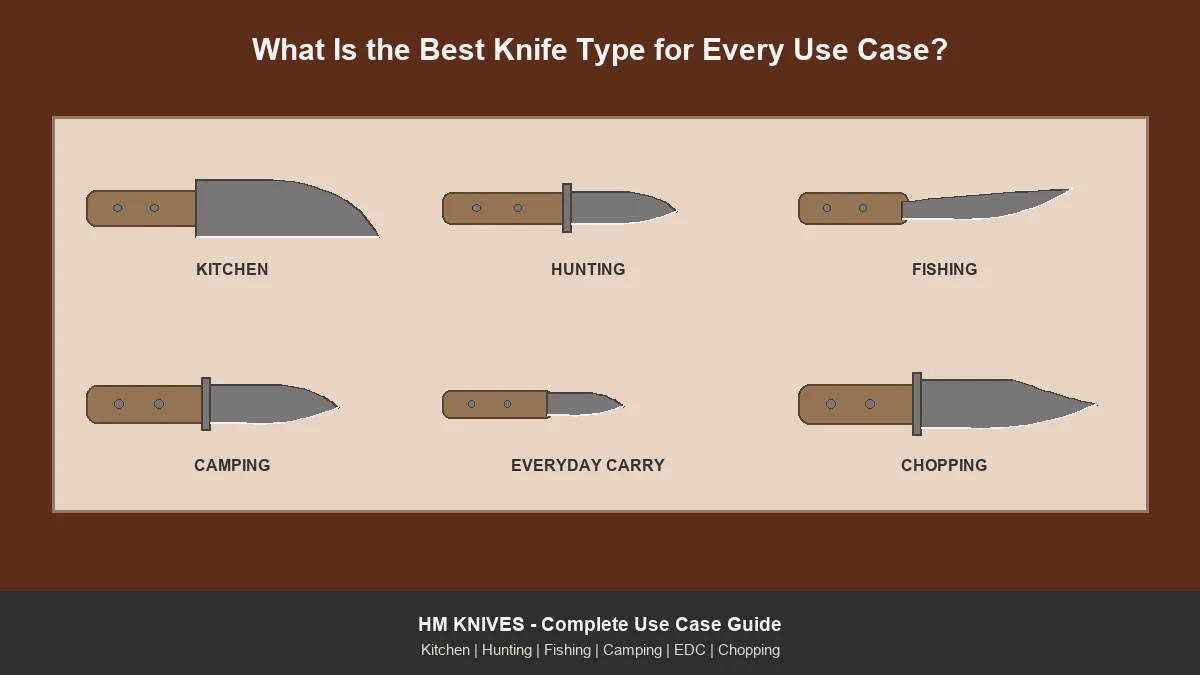 Six knife types drawn to scale: kitchen, hunting, fishing, camping, everyday carry and chopping